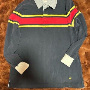 Brooks Brothers Mens L Rugby Shirt Navy Red Yellow Stripe Long Sleeve Polo